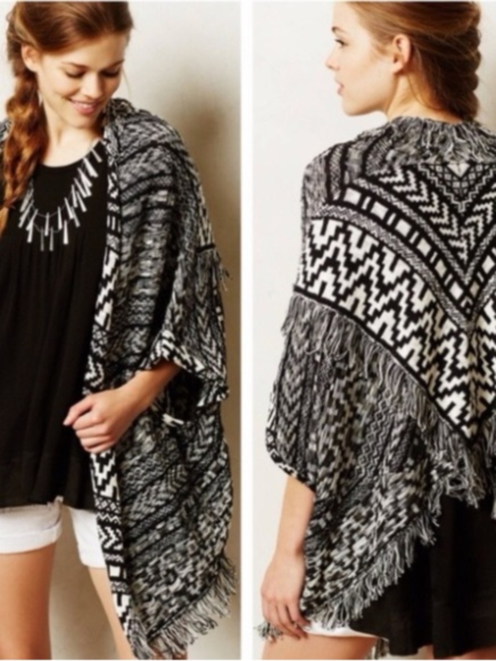 Anthropology Moth Black and White Graphic Knit Fringe Wrap